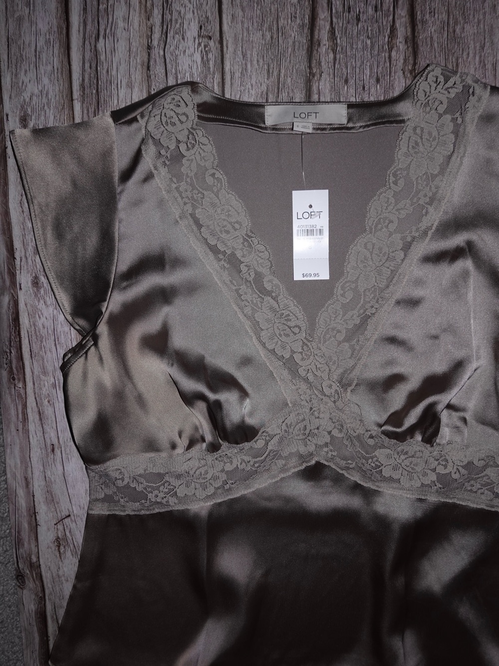 LOFT Satin Lace-Trim V-Neck Top — Taupe - Picture 4 of 5
